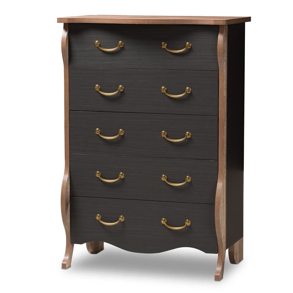 BAXTON STUDIO ROMILLY COUNTRY COTTAGE FARMHOUSE BLACK AND OAK-FINISHED WOOD 5-DRAWER CHEST