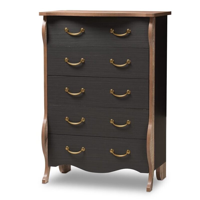 BAXTON STUDIO ROMILLY COUNTRY COTTAGE FARMHOUSE BLACK AND OAK-FINISHED WOOD 5-DRAWER CHEST