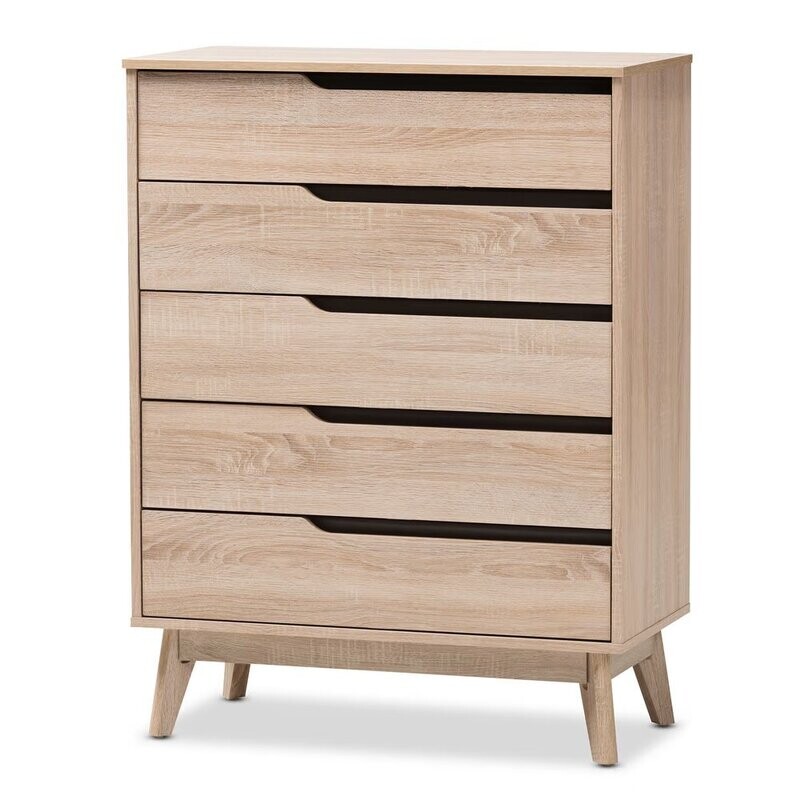 BAXTON STUDIO FELLA MID-CENTURY MODERN TWO-TONE OAK AND GREY WOOD 5-DRAWER CHEST