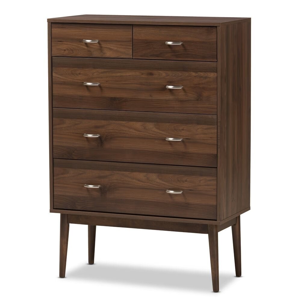 BAXTON STUDIO DISA MID-CENTURY MODERN WALNUT BROWN FINISHED WOOD 5-DRAWER CHEST