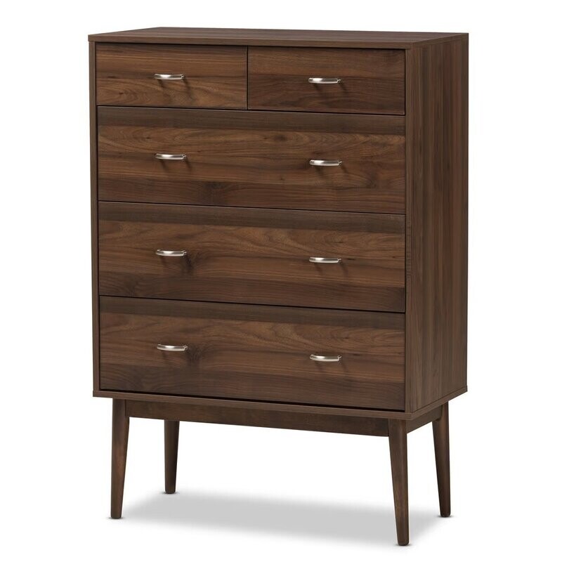 BAXTON STUDIO DISA MID-CENTURY MODERN WALNUT BROWN FINISHED WOOD 5-DRAWER CHEST