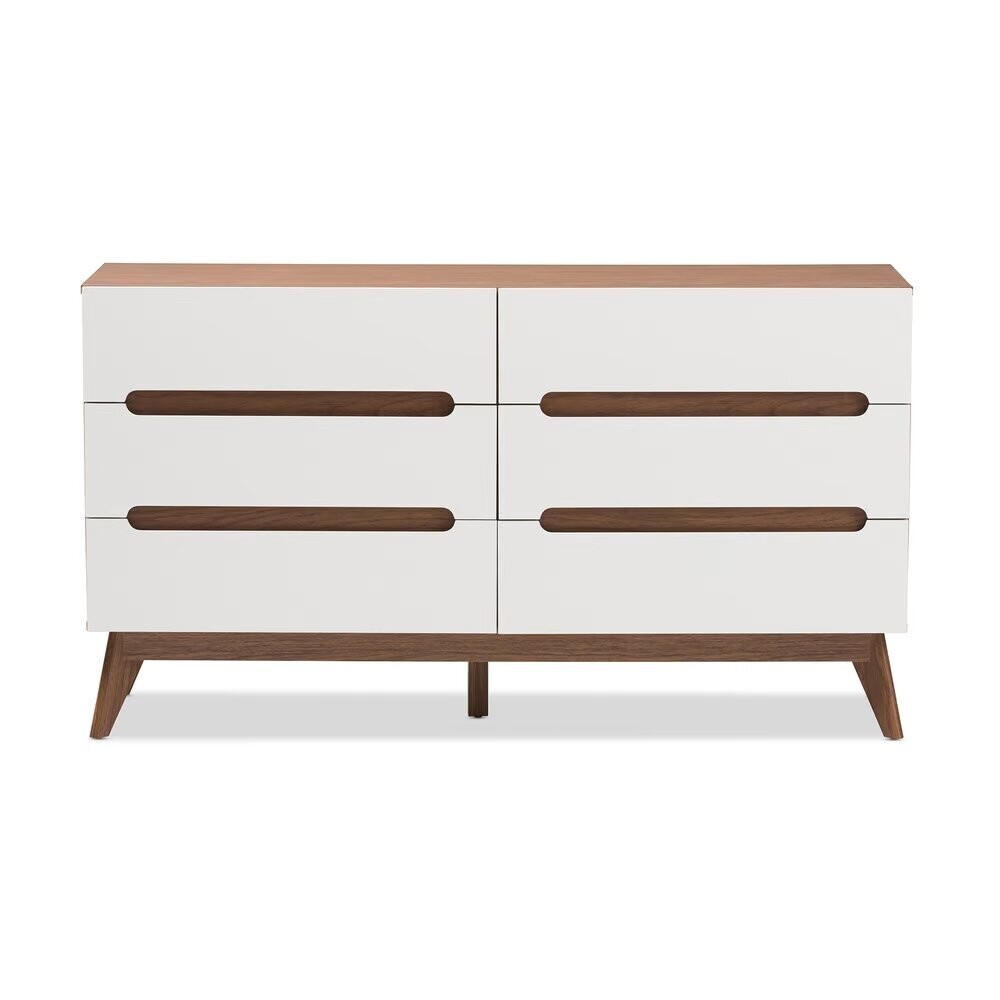 BAXTON STUDIO CALYPSO MID-CENTURY MODERN WHITE AND WALNUT WOOD 6-DRAWER STORAGE DRESSER
