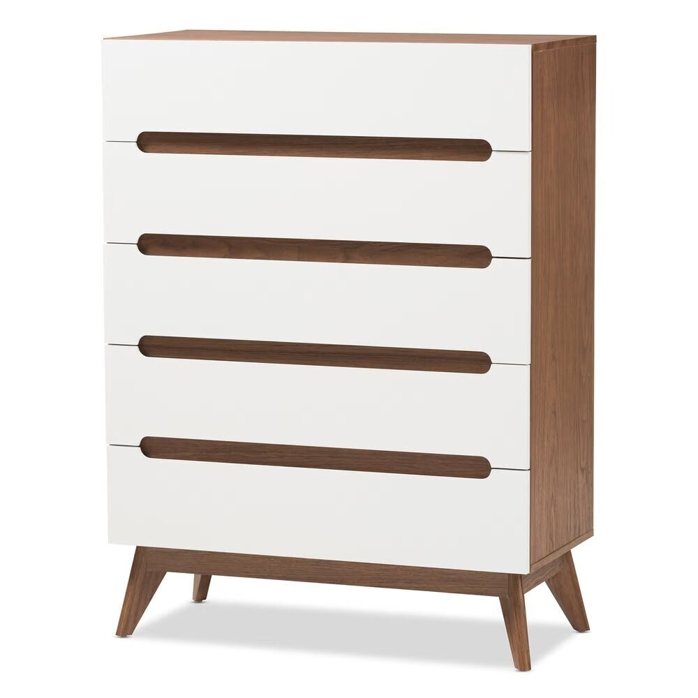 BAXTON STUDIO CALYPSO MID-CENTURY MODERN WHITE AND WALNUT WOOD 5-DRAWER STORAGE CHEST