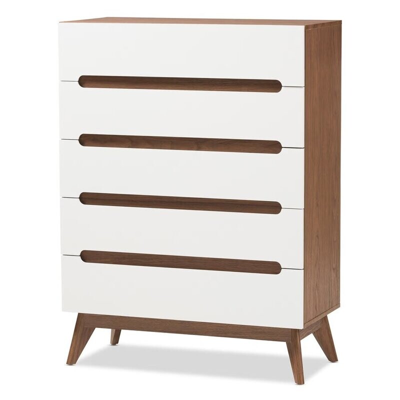 BAXTON STUDIO CALYPSO MID-CENTURY MODERN WHITE AND WALNUT WOOD 5-DRAWER STORAGE CHEST