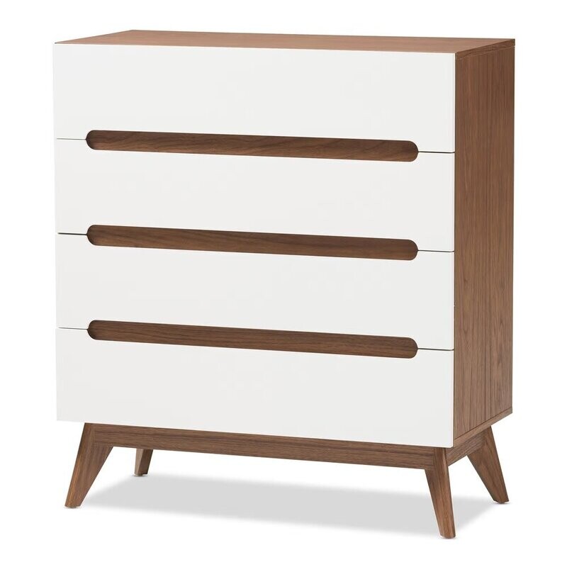 BAXTON STUDIO CALYPSO MID-CENTURY MODERN WHITE AND WALNUT WOOD 4-DRAWER STORAGE CHEST