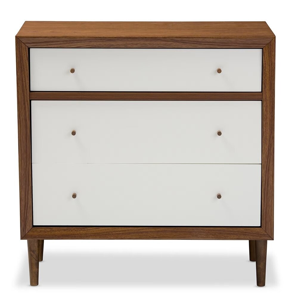 BAXTON STUDIO HARLOW MID-CENTURY MODERN SCANDINAVIAN STYLE WHITE AND WALNUT WOOD 3-DRAWER CHEST