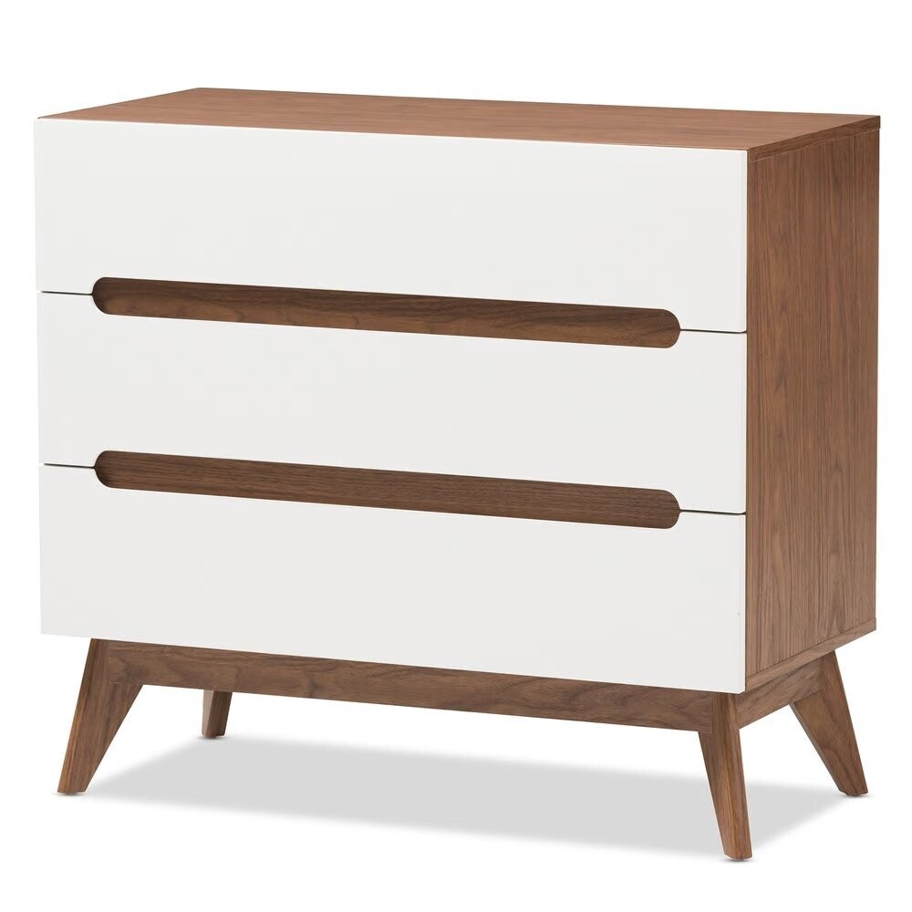 BAXTON STUDIO CALYPSO MID-CENTURY MODERN WHITE AND WALNUT WOOD 3-DRAWER STORAGE CHEST