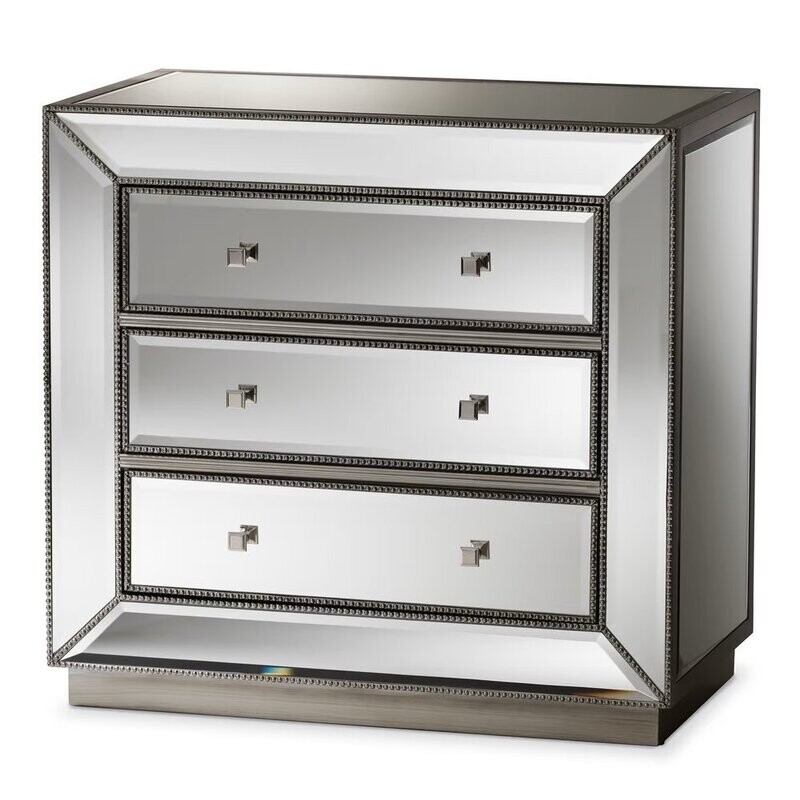 BAXTON STUDIO EDELINE HOLLYWOOD REGENCY GLAMOUR STYLE MIRRORED 3-DRAWER CHEST