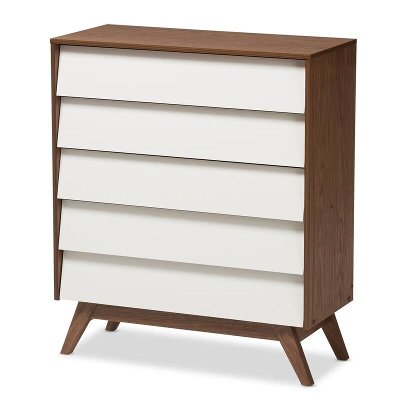 BAXTON STUDIO HILDON MID-CENTURY MODERN WHITE AND WALNUT WOOD 5-DRAWER STORAGE CHEST