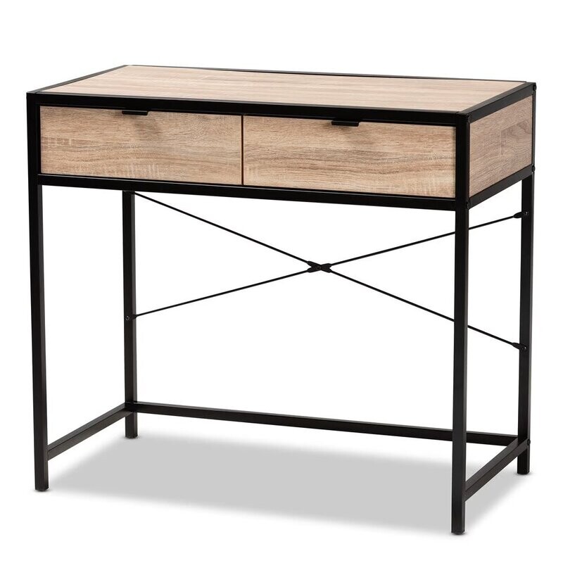 BAXTON STUDIO GRAYER MODERN INDUSTRIAL NATURAL BROWN FINISHED WOOD AND BLACK METAL 2-DRAWER DESK