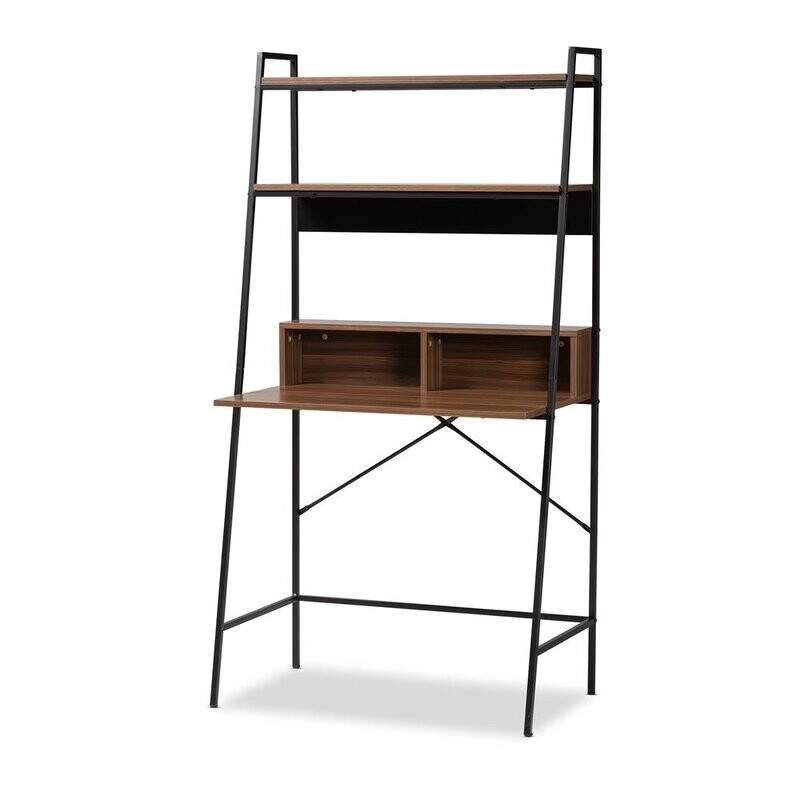 BAXTON STUDIO PALMIRA MODERN INDUSTRIAL WALNUT BROWN FINISHED WOOD AND BLACK METAL DESK WITH SHELVES