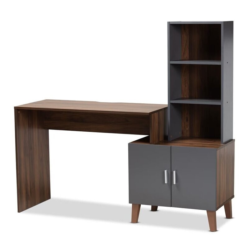 BAXTON STUDIO JAEGER MODERN AND CONTEMPORARY TWO-TONE WALNUT BROWN AND DARK GREY FINISHED WOOD STORAGE DESK WITH SHELVES