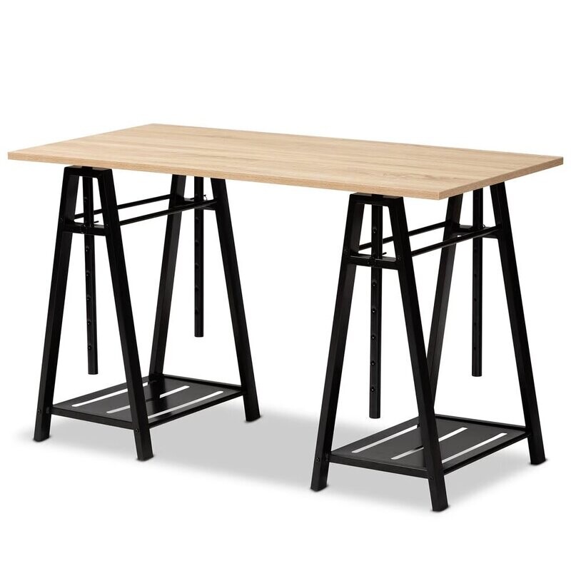 BAXTON STUDIO MARY MODERN AND INDUSTRIAL LIGHT OAK FINISHED WOOD AND BLACK METAL HEIGHT ADJUSTABLE DESK
