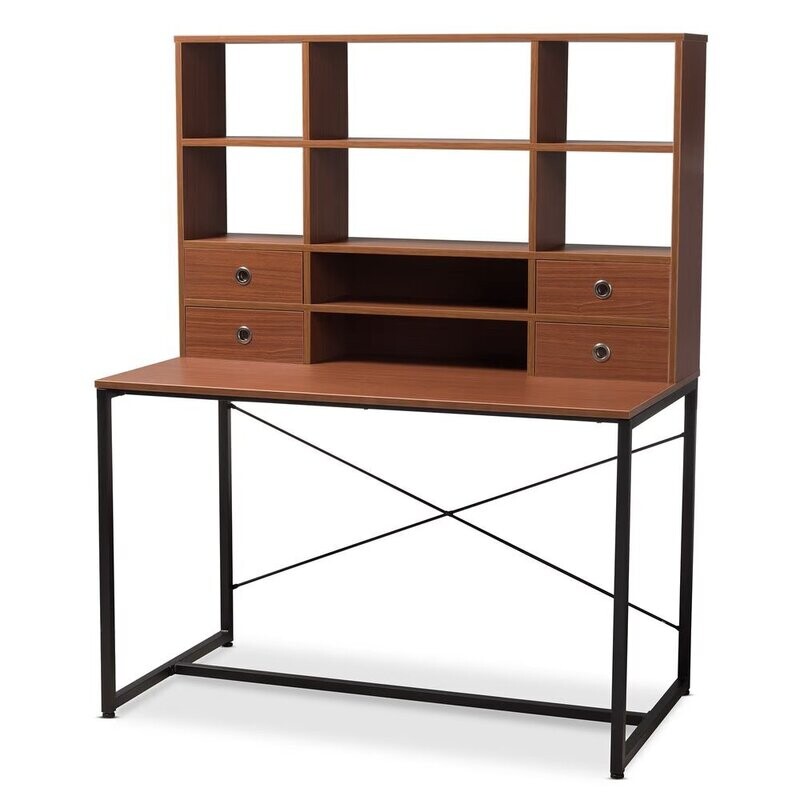 BAXTON STUDIO EDWIN RUSTIC INDUSTRIAL STYLE BROWN WOOD AND METAL 2-IN-1 BOOKCASE WRITING DESK