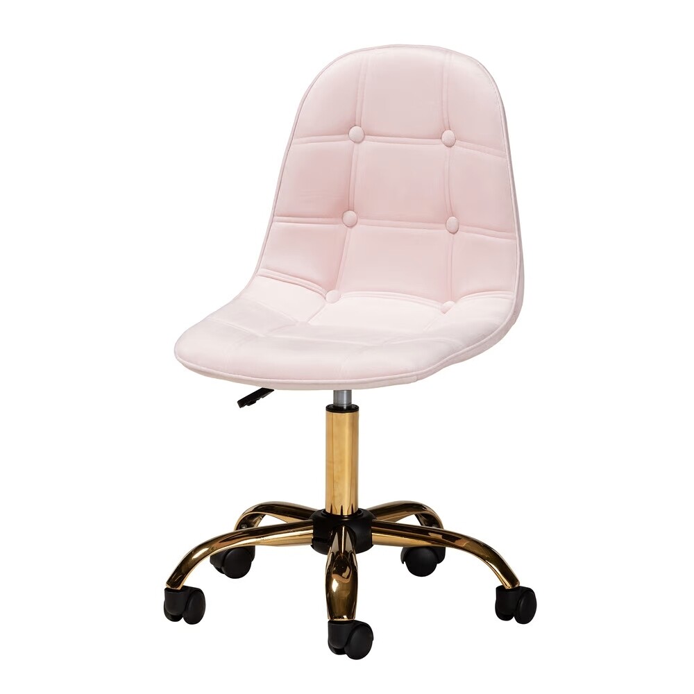 BAXTON STUDIO KABIRA CONTEMPORARY GLAM AND LUXE BLUSH PINK VELVET FABRIC AND GOLD METAL SWIVEL OFFICE CHAIR