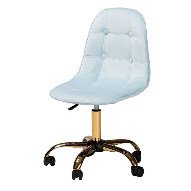 BAXTON STUDIO KABIRA CONTEMPORARY GLAM AND LUXE AQUA VELVET FABRIC AND GOLD METAL SWIVEL OFFICE CHAIR