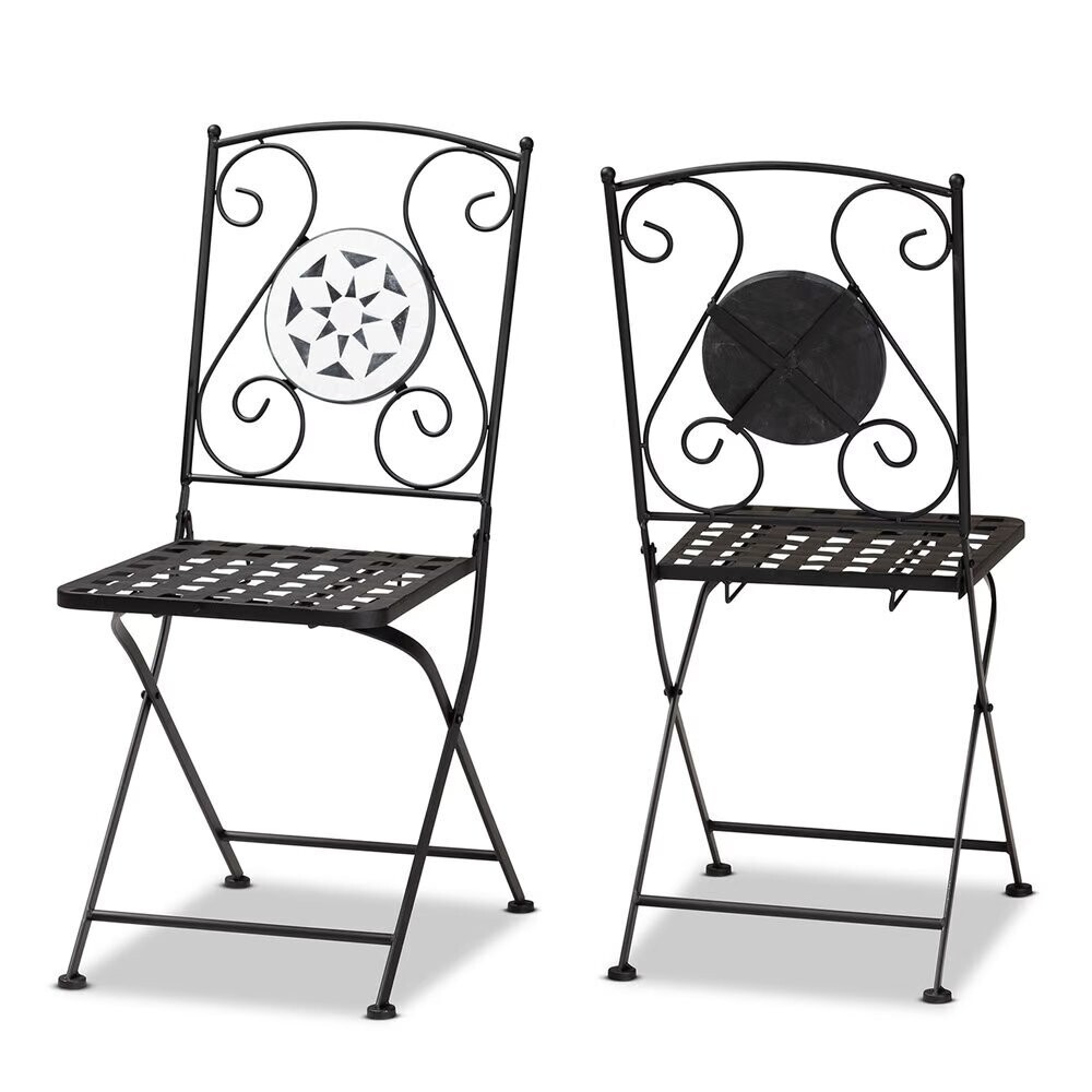 BAXTON STUDIO JULIUS MODERN AND CONTEMPORARY BLACK FINISHED METAL AND MULTI-COLORED GLASS 2-PIECE OUTDOOR DINING CHAIR SET