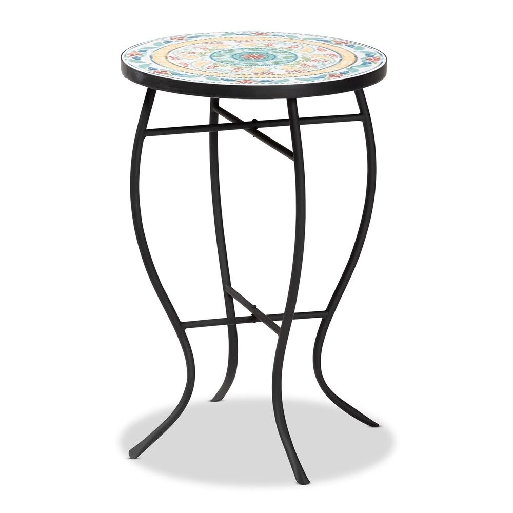 BAXTON STUDIO GAENOR MODERN AND CONTEMPORARY BLACK METAL AND MULTI-COLORED CERAMIC TILE PLANT STAND