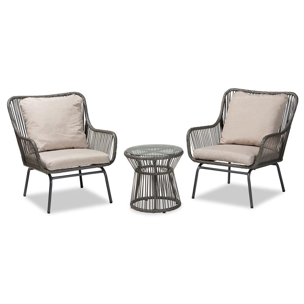 BAXTON STUDIO DERMOT MODERN AND CONTEMPORARY BEIGE FABRIC AND GREY SYNTHETIC RATTAN UPHOLSTERED 3-PIECE PATIO SET
