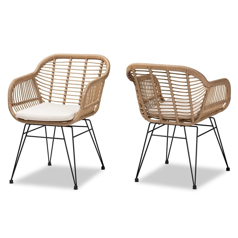 BAXTON STUDIO GIORGIA MODERN AND CONTEMPORARY BEIGE FABRIC UPHOLSTERED AND BROWN SYNTHETIC RATTAN 2-PIECE PATIO CHAIR SET