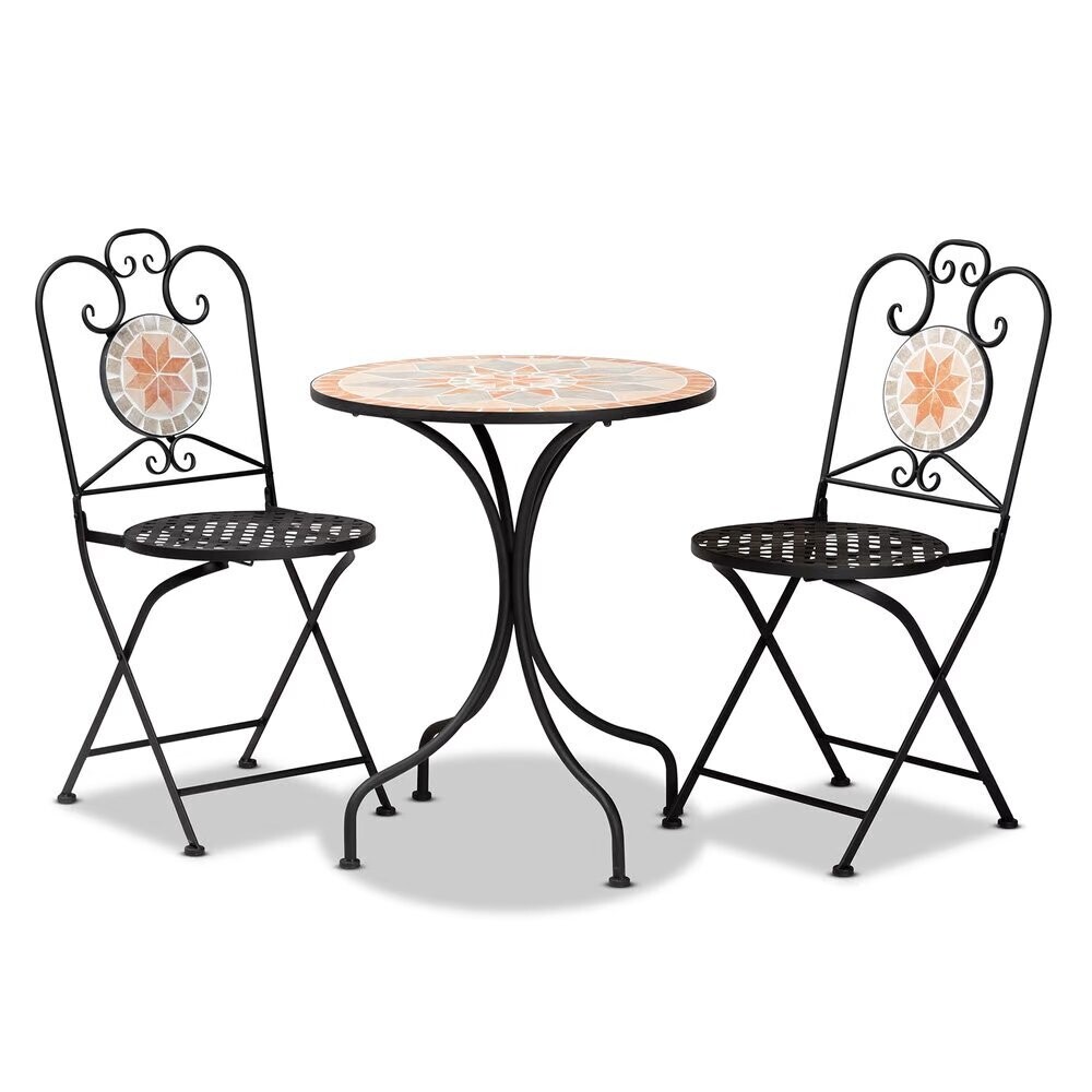 BAXTON STUDIO SANTINA MODERN AND CONTEMPORARY MULTI-COLORED CERAMIC TILE AND BLACK METAL 3-PIECE OUTDOOR DINING SETS