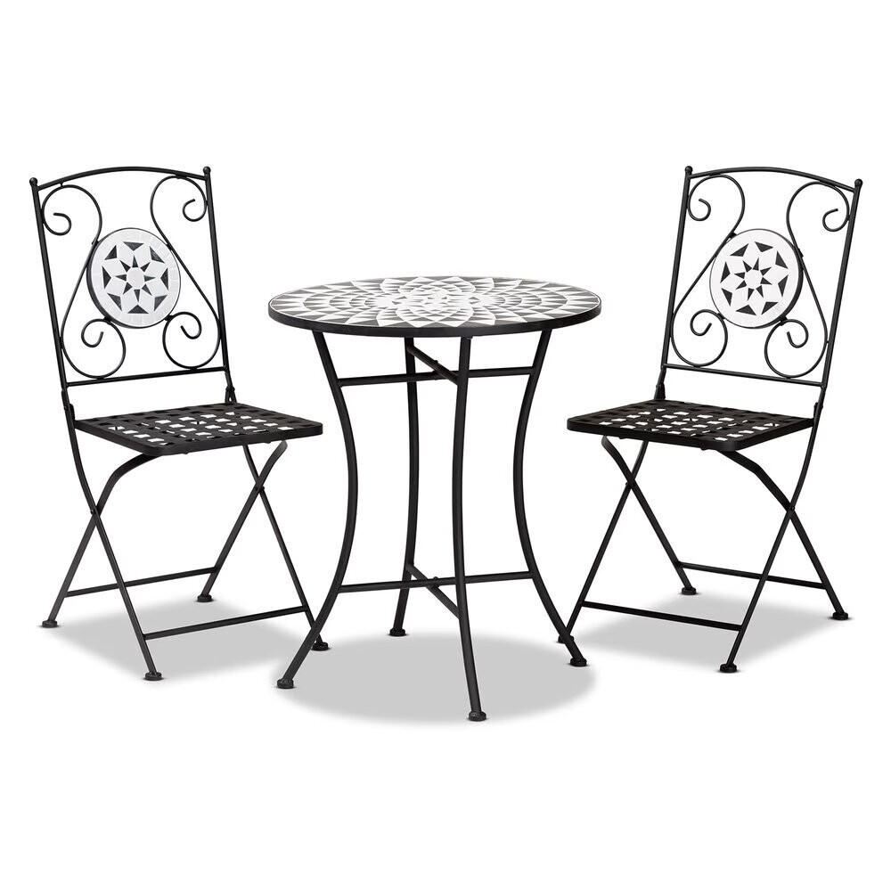 BAXTON STUDIO CALLISON MODERN AND CONTEMPORARY BLACK FINISHED METAL AND MULTI-COLORED GLASS 3-PIECE OUTDOOR DINING SET
