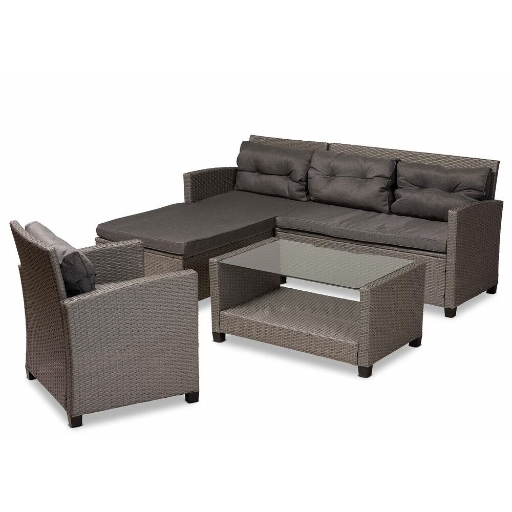 BAXTON STUDIO DARIAN MODERN AND CONTEMPORARY GREY FABRIC UPHOLSTERED AND GREY SYNTHETIC RATTAN 4-PIECE PATIO SET