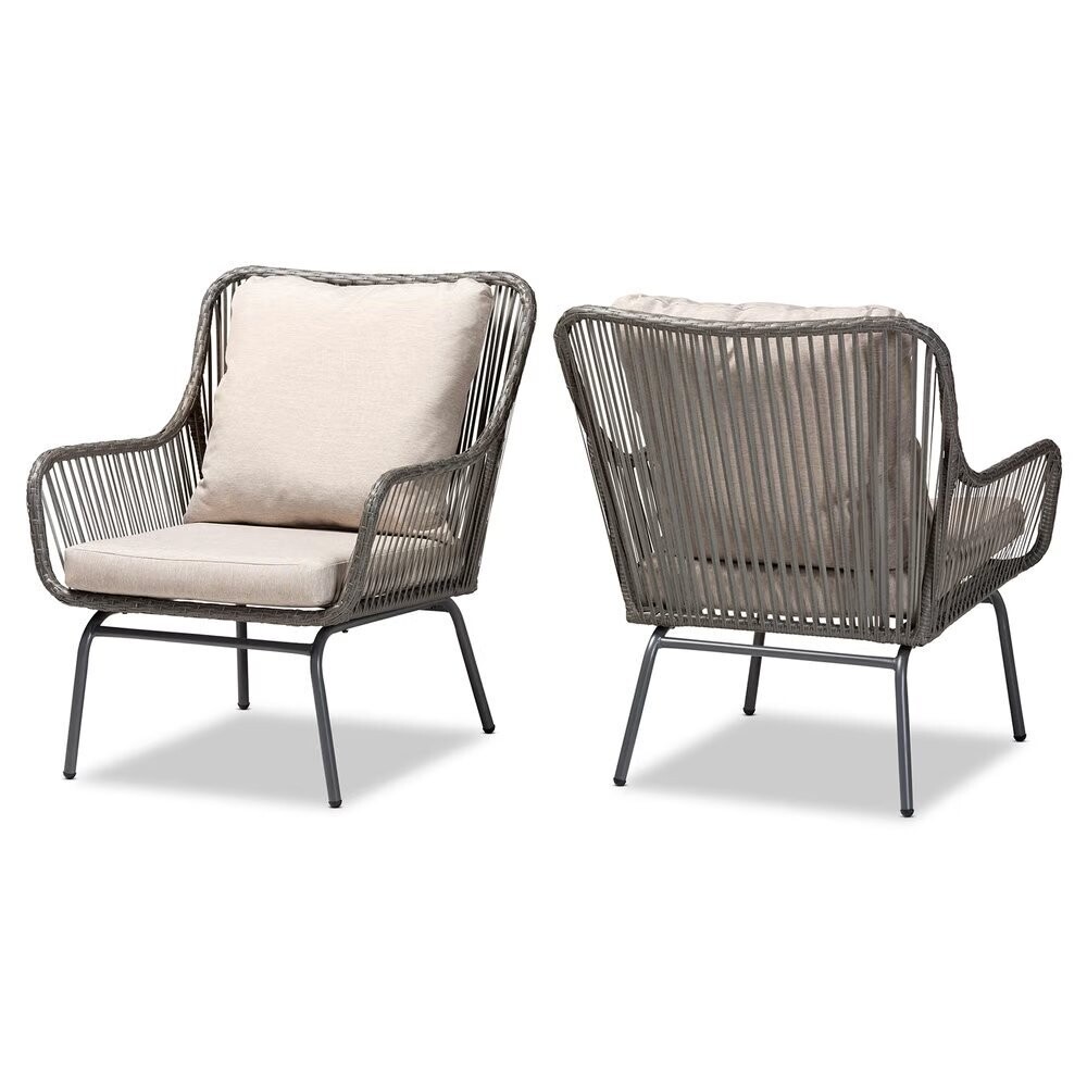 BAXTON STUDIO DERMOT MODERN AND CONTEMPORARY BEIGE FABRIC AND GREY SYNTHETIC RATTAN UPHOLSTERED 2-PIECE PATIO CHAIR SET