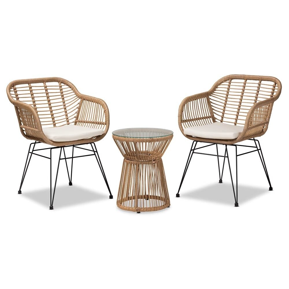 BAXTON STUDIO GIORGIA MODERN AND CONTEMPORARY BEIGE FABRIC UPHOLSTERED AND BROWN SYNTHETIC RATTAN 3-PIECE PATIO SET