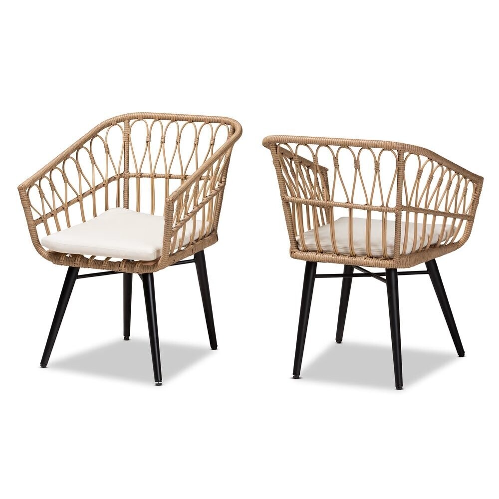 BAXTON STUDIO AIMON MODERN AND CONTEMPORARY BEIGE FABRIC UPHOLSTERED AND BROWN SYNTHETIC RATTAN 2-PIECE PATIO CHAIR SET