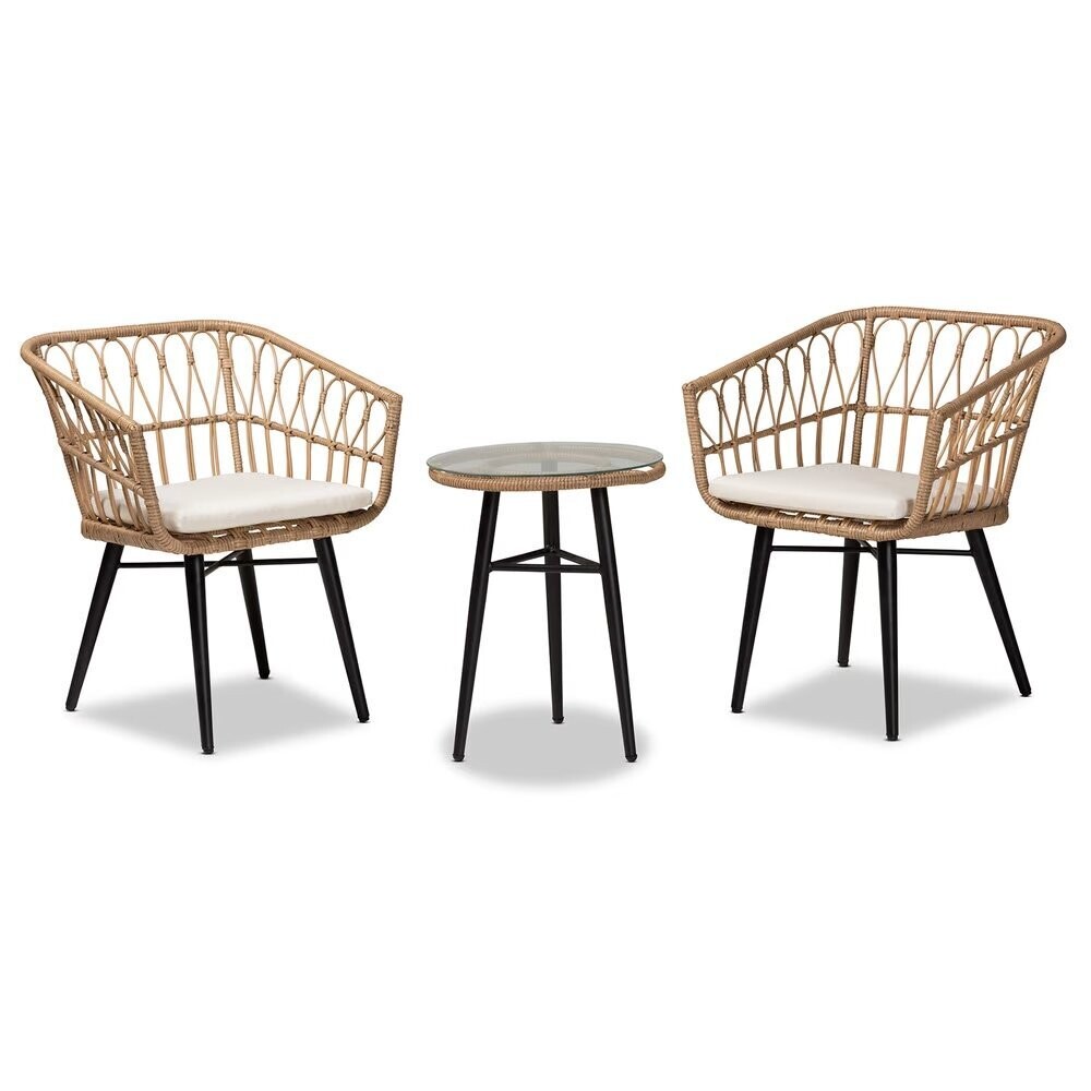 BAXTON STUDIO AIMON MODERN AND CONTEMPORARY BEIGE FABRIC UPHOLSTERED AND BROWN SYNTHETIC RATTAN 3-PIECE PATIO SET