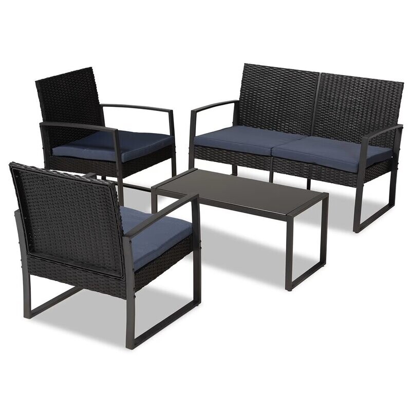 BAXTON STUDIO GRETA MODERN AND CONTEMPORARY DARK BLUE FABRIC UPHOLSTERED AND BLACK FINISHED METAL AND SYNTHETIC RATTAN 4-PIECE PATIO SET BAXTON STUDIO GRETA MODERN AND CONTEMPORARY DARK BLUE FABRIC UPHOLSTERED AND BLACK FINISHED METAL AND SYNTHETIC RATTAN 4-PIECE PATIO SET