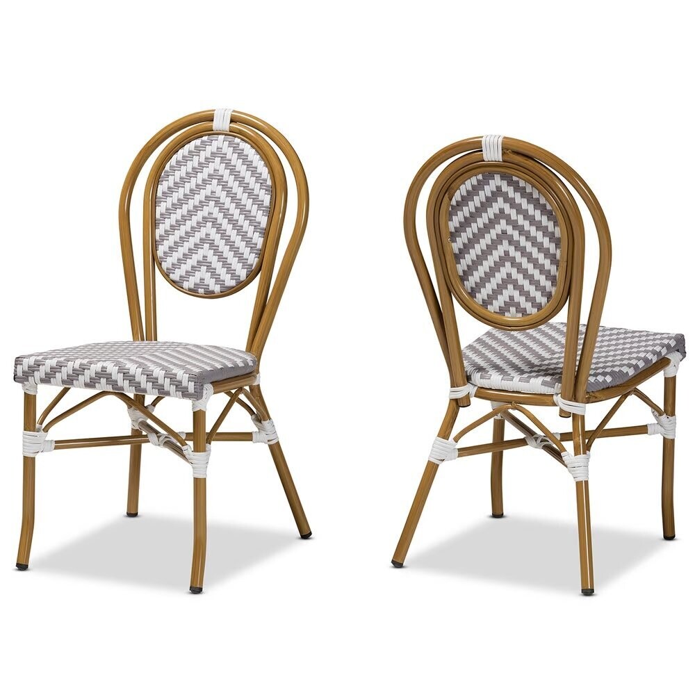 BAXTON STUDIO ALAIRE CLASSIC FRENCH INDOOR AND OUTDOOR GREY AND WHITE BAMBOO STYLE STACKABLE 2-PIECE BISTRO DINING CHAIR SET
