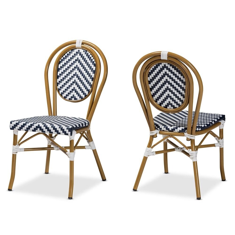 BAXTON STUDIO ALAIRE CLASSIC FRENCH INDOOR AND OUTDOOR BLUE AND WHITE BAMBOO STYLE STACKABLE 2-PIECE BISTRO DINING CHAIR SET