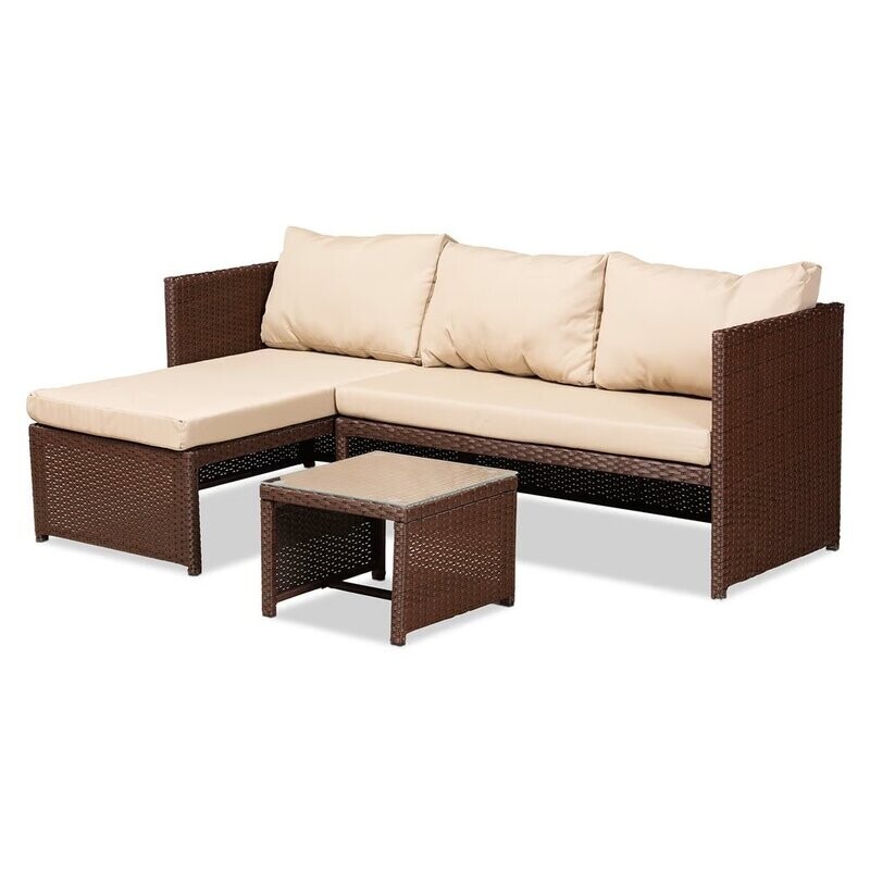 BAXTON STUDIO CARLTON MODERN AND CONTEMPORARY SAND FABRIC UPHOLSTERED AND BROWN FINISHED WOVEN PE RATTAN 3-PIECE OUTDOOR PATIO LOUNGE SET BAXTON STUDIO CARLTON MODERN AND CONTEMPORARY SAND FABRIC UPHOLSTERED AND BROWN FINISHED WOVEN PE RATTAN 3-PIECE OUTDOOR PATIO LOUNGE SET