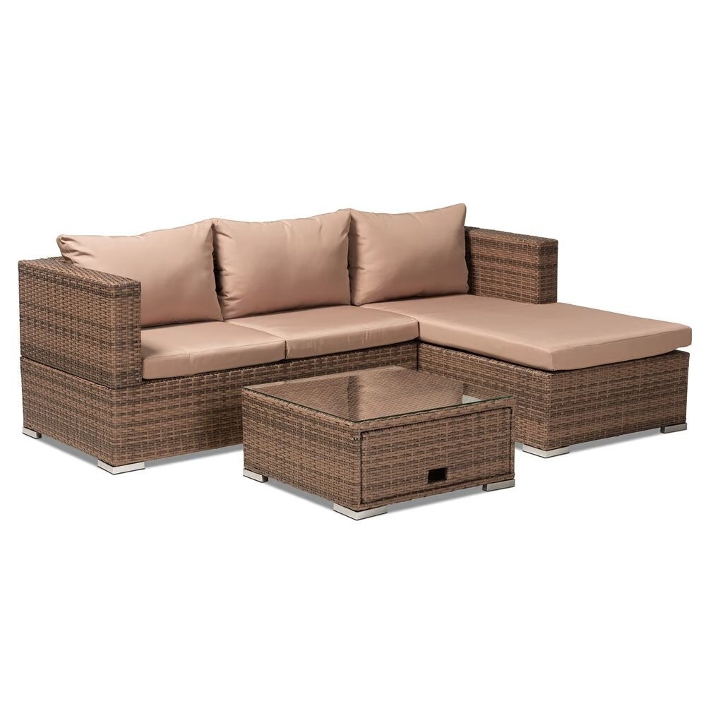 BAXTON STUDIO ADDISON MODERN AND CONTEMPORARY LIGHT BROWN UPHOLSTERED AND BROWN FINISHED 3-PIECE WOVEN RATTAN OUTDOOR PATIO SET WITH ADJUSTABLE RECLINER