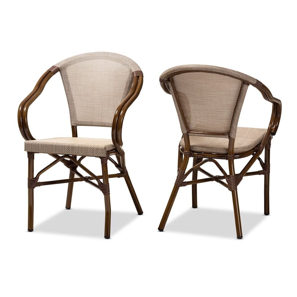 BAXTON STUDIO ARTUS CLASSIC FRENCH INDOOR AND OUTDOOR BEIGE BAMBOO STYLE STACKABLE BISTRO DINING CHAIR SET OF 2