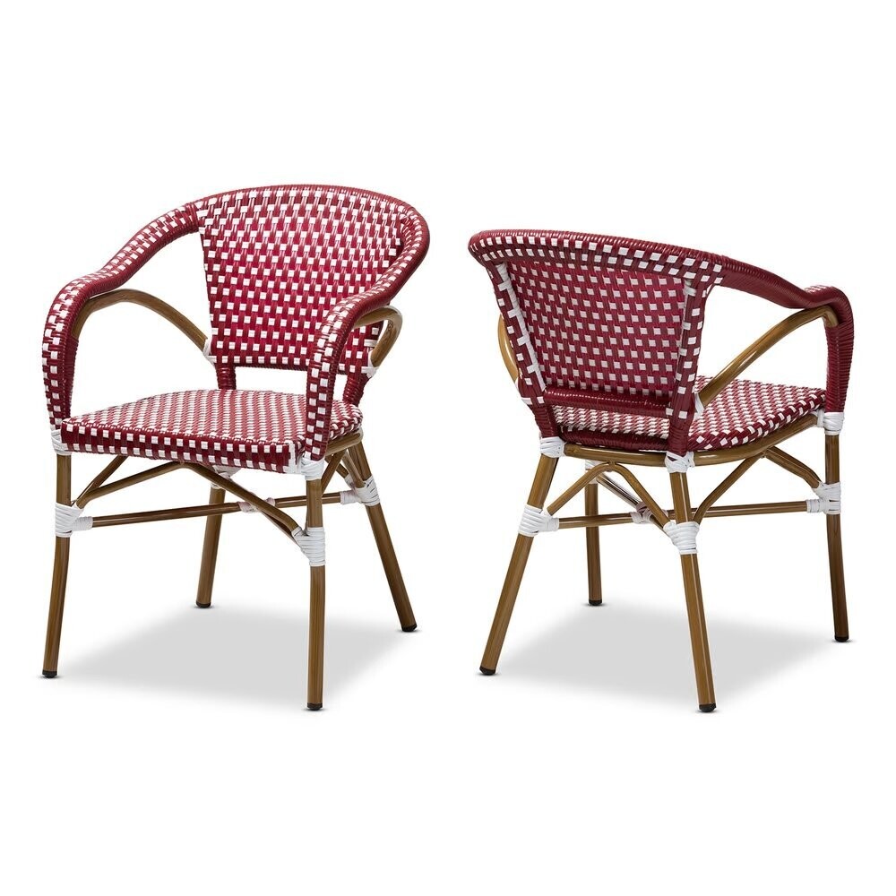 BAXTON STUDIO ELIANE CLASSIC FRENCH INDOOR AND OUTDOOR RED AND WHITE BAMBOO STYLE STACKABLE BISTRO DINING CHAIR SET OF 2