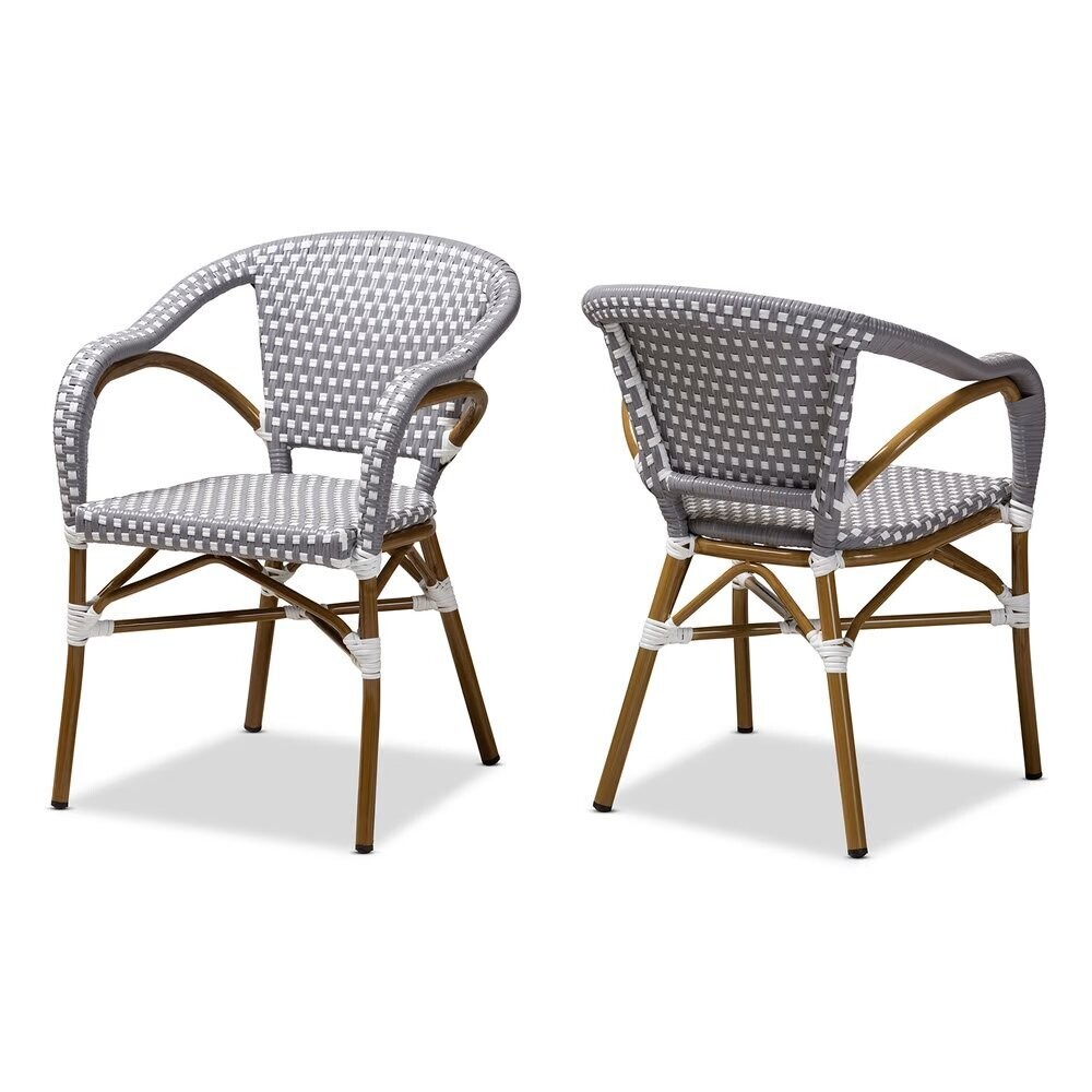 BAXTON STUDIO ELIANE CLASSIC FRENCH INDOOR AND OUTDOOR GREY AND WHITE BAMBOO STYLE STACKABLE BISTRO DINING CHAIR SET OF 2