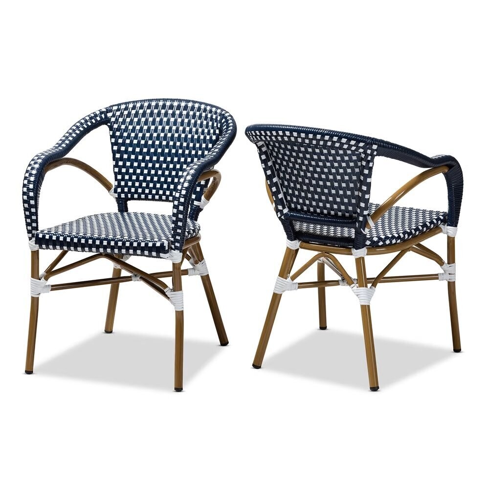 BAXTON STUDIO ELIANE CLASSIC FRENCH INDOOR AND OUTDOOR NAVY AND WHITE BAMBOO STYLE STACKABLE BISTRO DINING CHAIR SET OF 2
