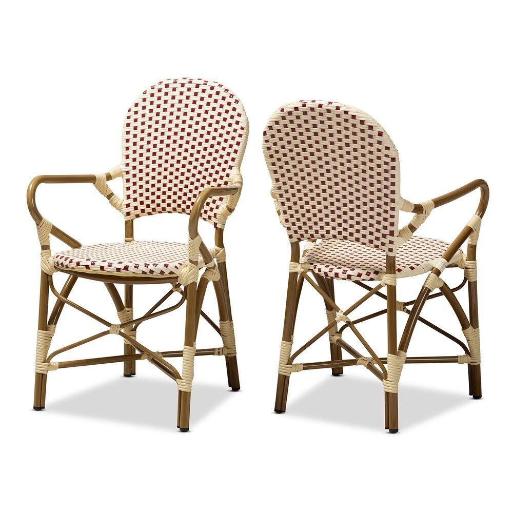 BAXTON STUDIO SEVA CLASSIC FRENCH INDOOR AND OUTDOOR BEIGE AND RED BAMBOO STYLE STACKABLE BISTRO DINING CHAIR SET OF 2