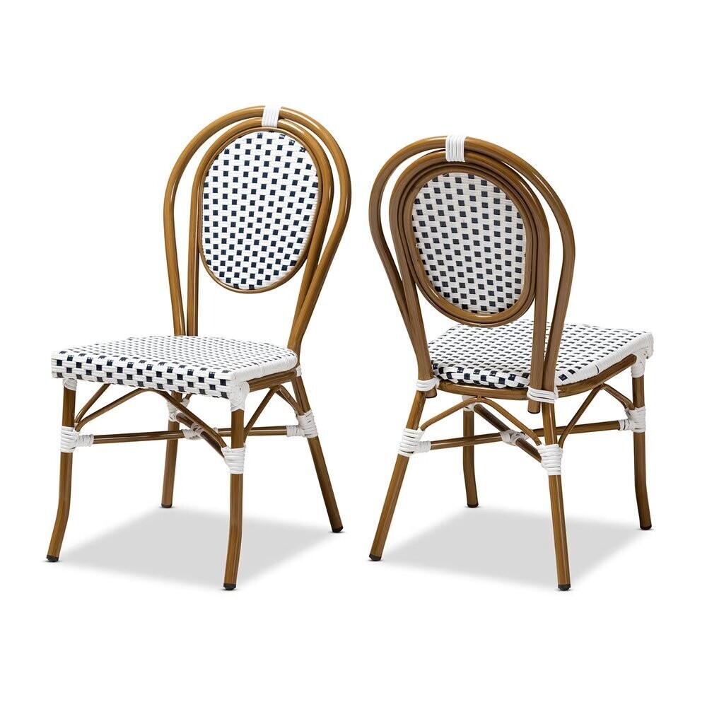 BAXTON STUDIO GAUTHIER CLASSIC FRENCH INDOOR AND OUTDOOR NAVY AND WHITE BAMBOO STYLE BISTRO STACKABLE DINING CHAIR SET OF 2