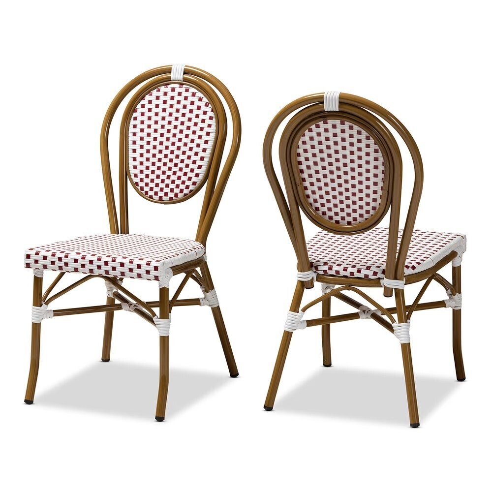 BAXTON STUDIO GAUTHIER CLASSIC FRENCH INDOOR AND OUTDOOR RED AND WHITE BAMBOO STYLE STACKABLE BISTRO DINING CHAIR SET OF 2
