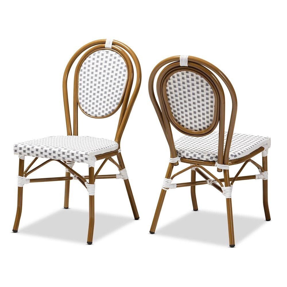BAXTON STUDIO GAUTHIER CLASSIC FRENCH INDOOR AND OUTDOOR GREY AND WHITE BAMBOO STYLE STACKABLE BISTRO DINING CHAIR SET OF 2