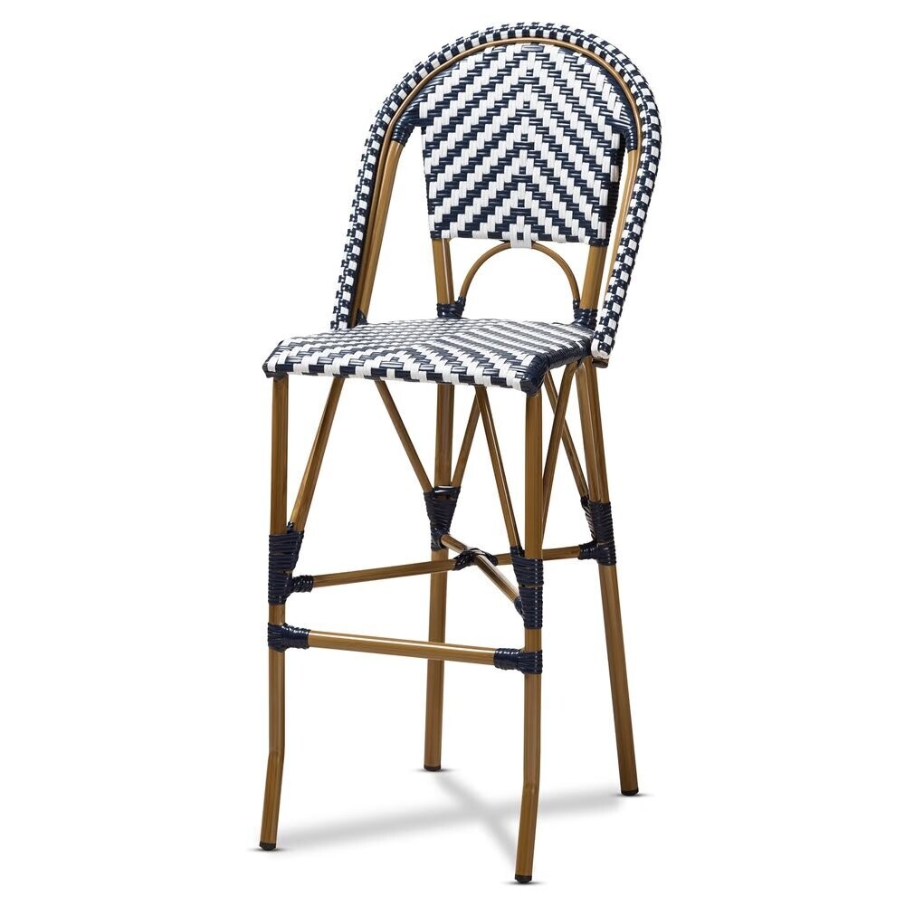 BAXTON STUDIO ILENE CLASSIC FRENCH INDOOR AND OUTDOOR WHITE AND BLUE BAMBOO STYLE STACKABLE BISTRO BAR STOOL