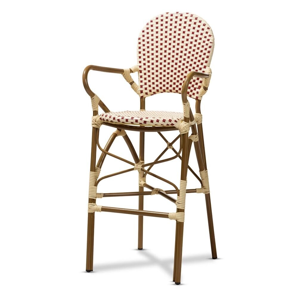 BAXTON STUDIO MARGUERITE CLASSIC FRENCH INDOOR AND OUTDOOR BEIGE AND RED BAMBOO STYLE STACKABLE BISTRO BAR STOOL
