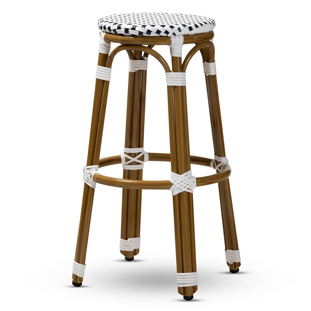 BAXTON STUDIO JOELLE CLASSIC FRENCH INDOOR AND OUTDOOR NAVY AND WHITE BAMBOO STYLE STACKABLE BISTRO BAR STOOL