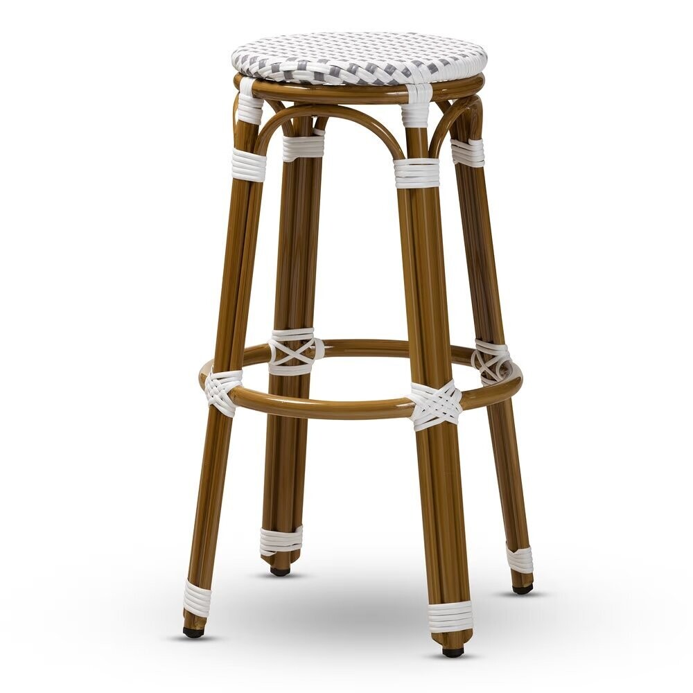 BAXTON STUDIO JOELLE CLASSIC FRENCH INDOOR AND OUTDOOR GREY AND WHITE BAMBOO STYLE STACKABLE BISTRO BAR STOOL