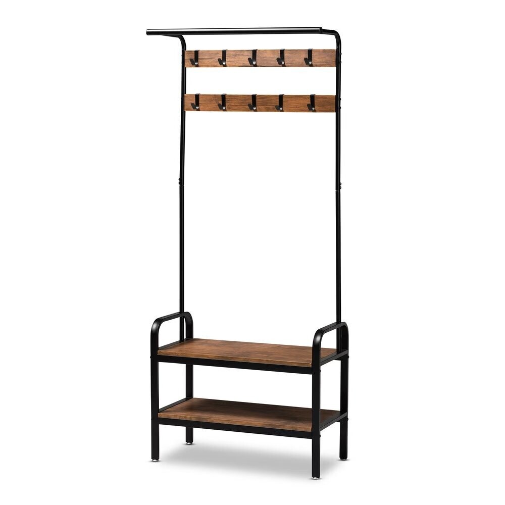BAXTON STUDIO AISLIN VINTAGE RUSTIC INDUSTRIAL DISTRESSED WOOD AND BLACK METAL FINISHED ENTRYWAY HALL TREE