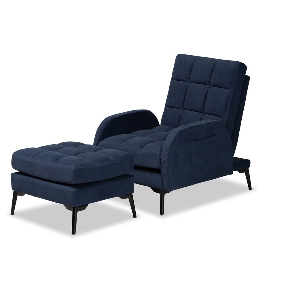 BAXTON STUDIO BELDEN MODERN AND CONTEMPORARY NAVY BLUE VELVET FABRIC UPHOLSTERED AND BLACK METAL 2-PIECE RECLINER CHAIR AND OTTOMAN SET